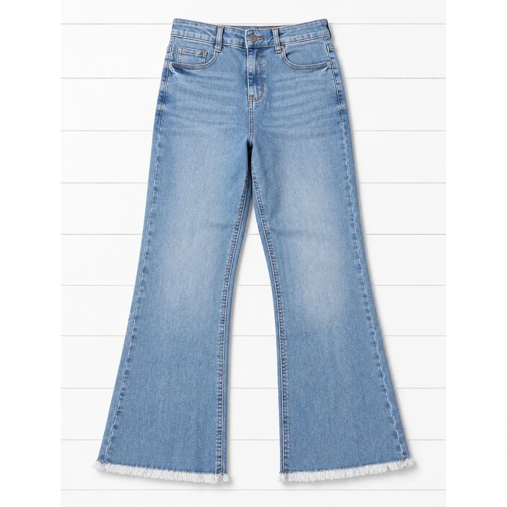 Urban Bliss Womens High Rise Wide Leg Jeans Light Wash Raw Fray Hem Blue Size 8